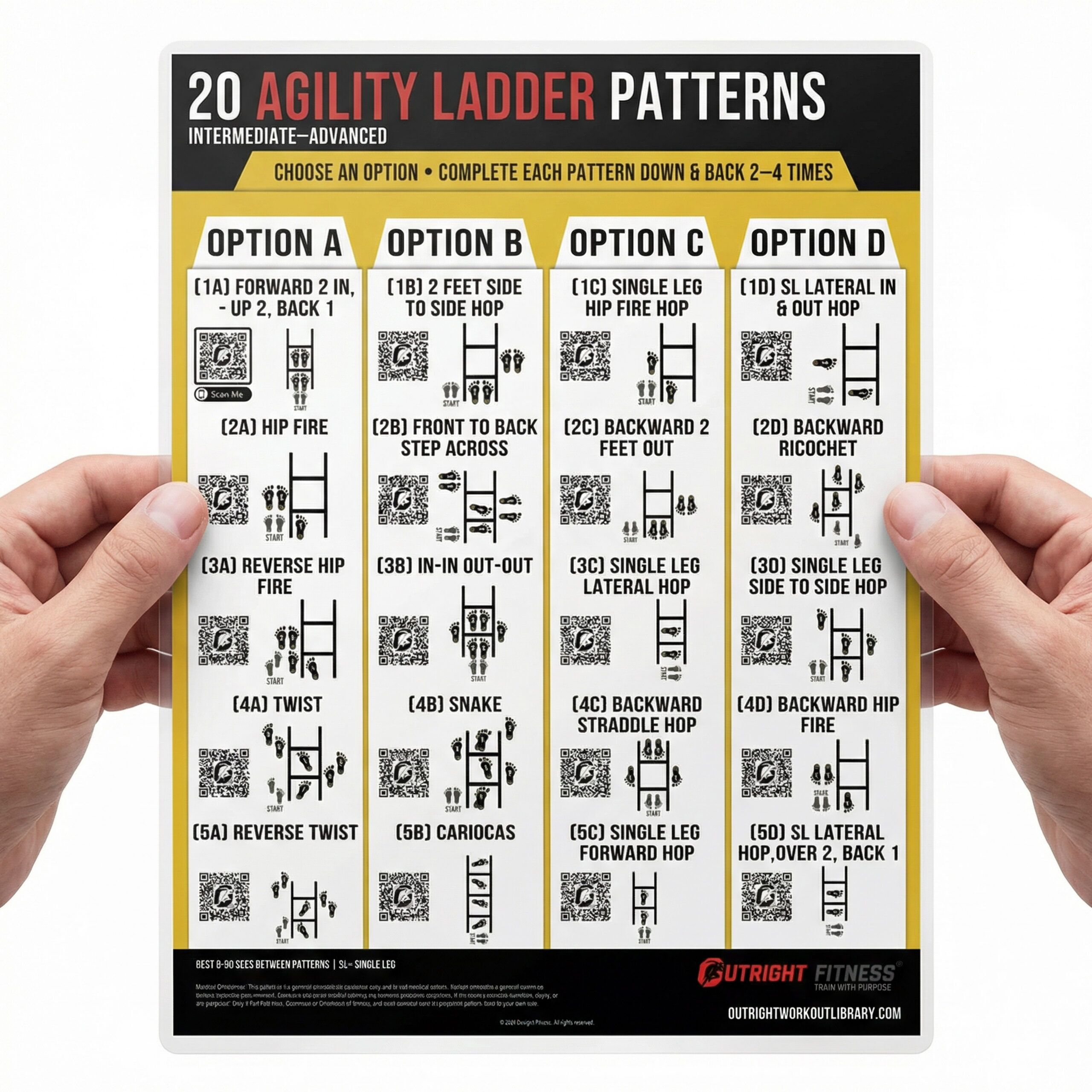 Agility Ladder Compact Workout Chart with Guided Coaching & Progressions - Portable 40-Drill Double-Sided Laminated Speed & Footwork Guide - 8.5x11