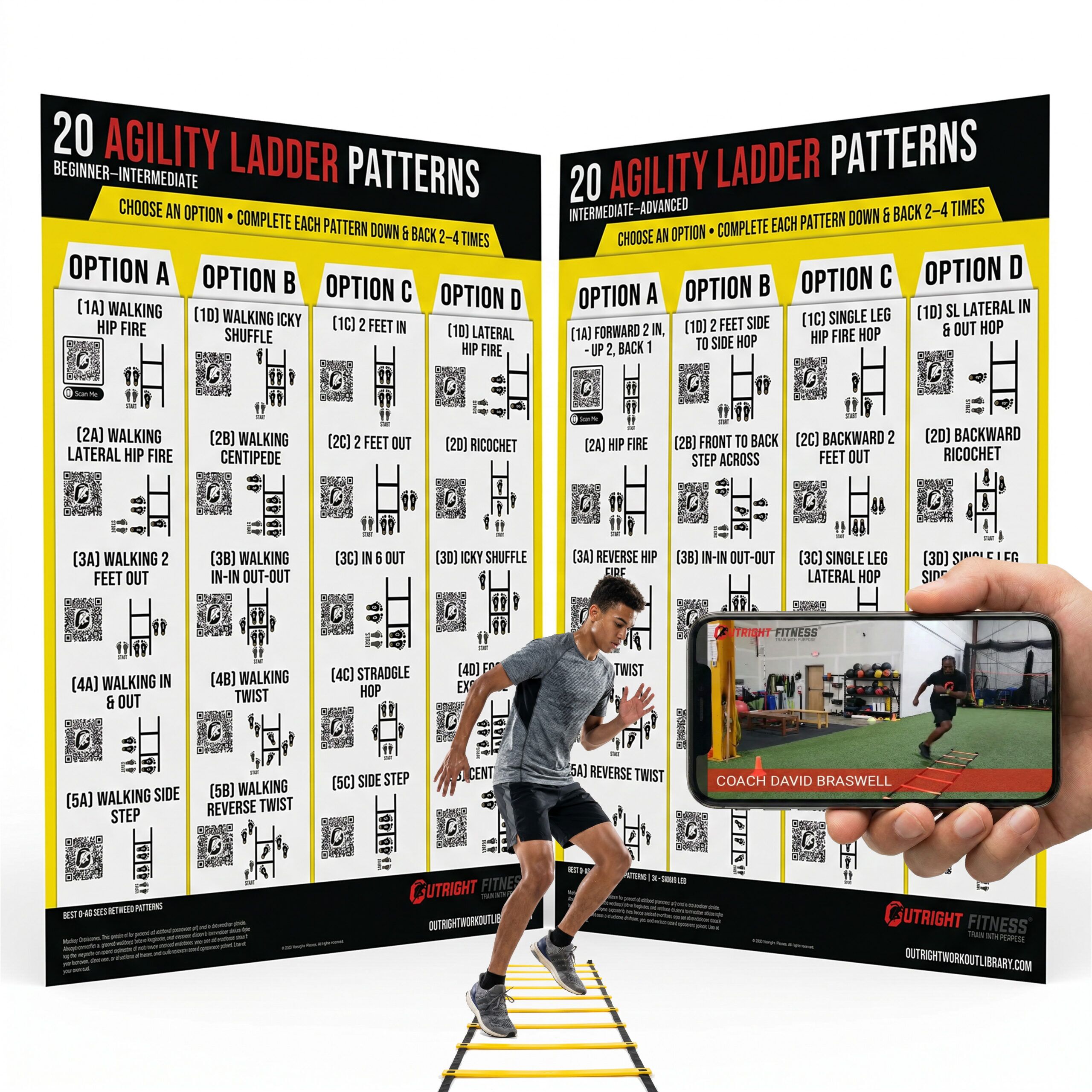 Agility Ladder Drills Poster Bundle – Beginner to Advanced Speed & Footwork Wall Charts with QR Video Demos – 18x24