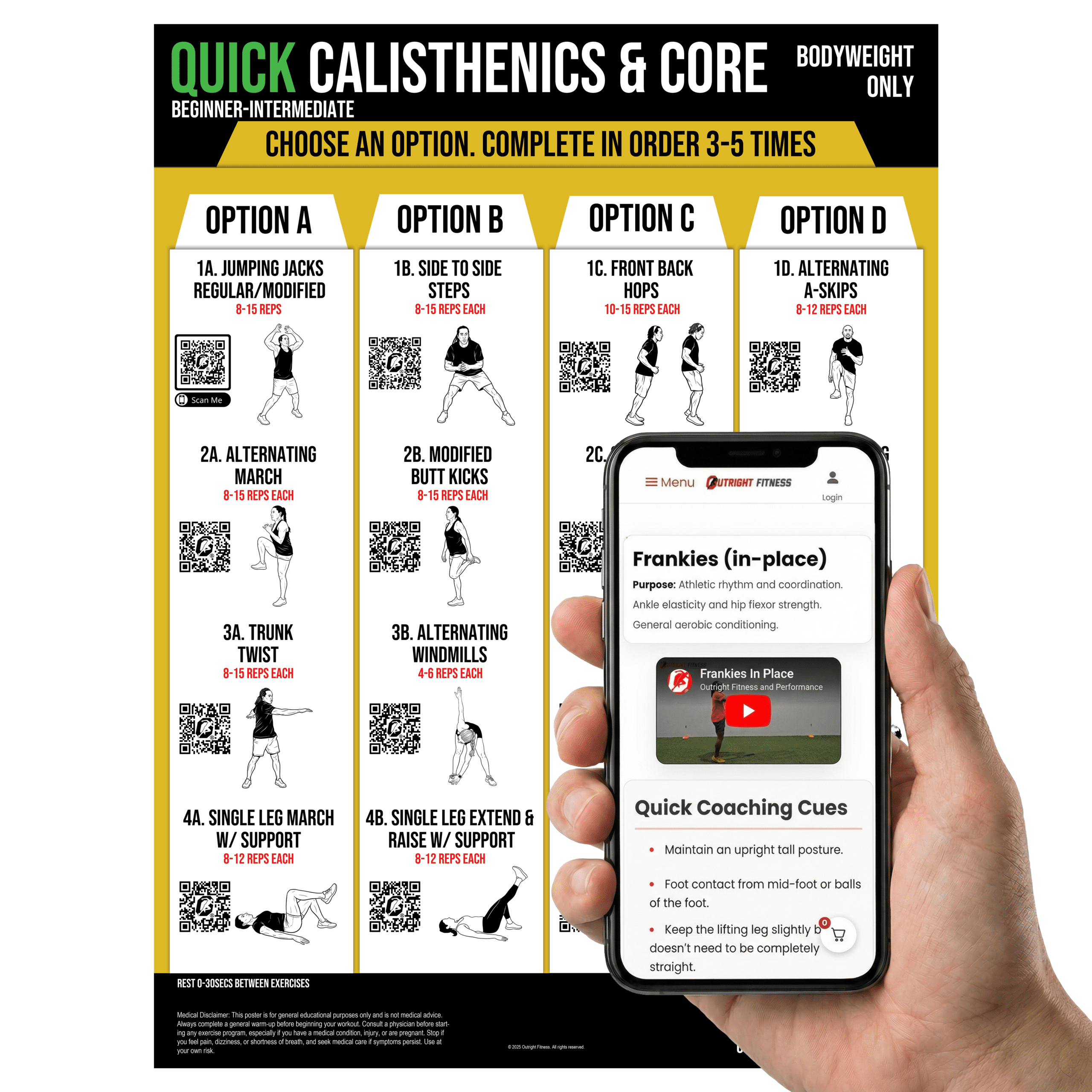 Calisthenics & Core Workout Poster – Beginner to Intermediate Bodyweight Strength Training Wall Chart with QR Video Demos – 18x24