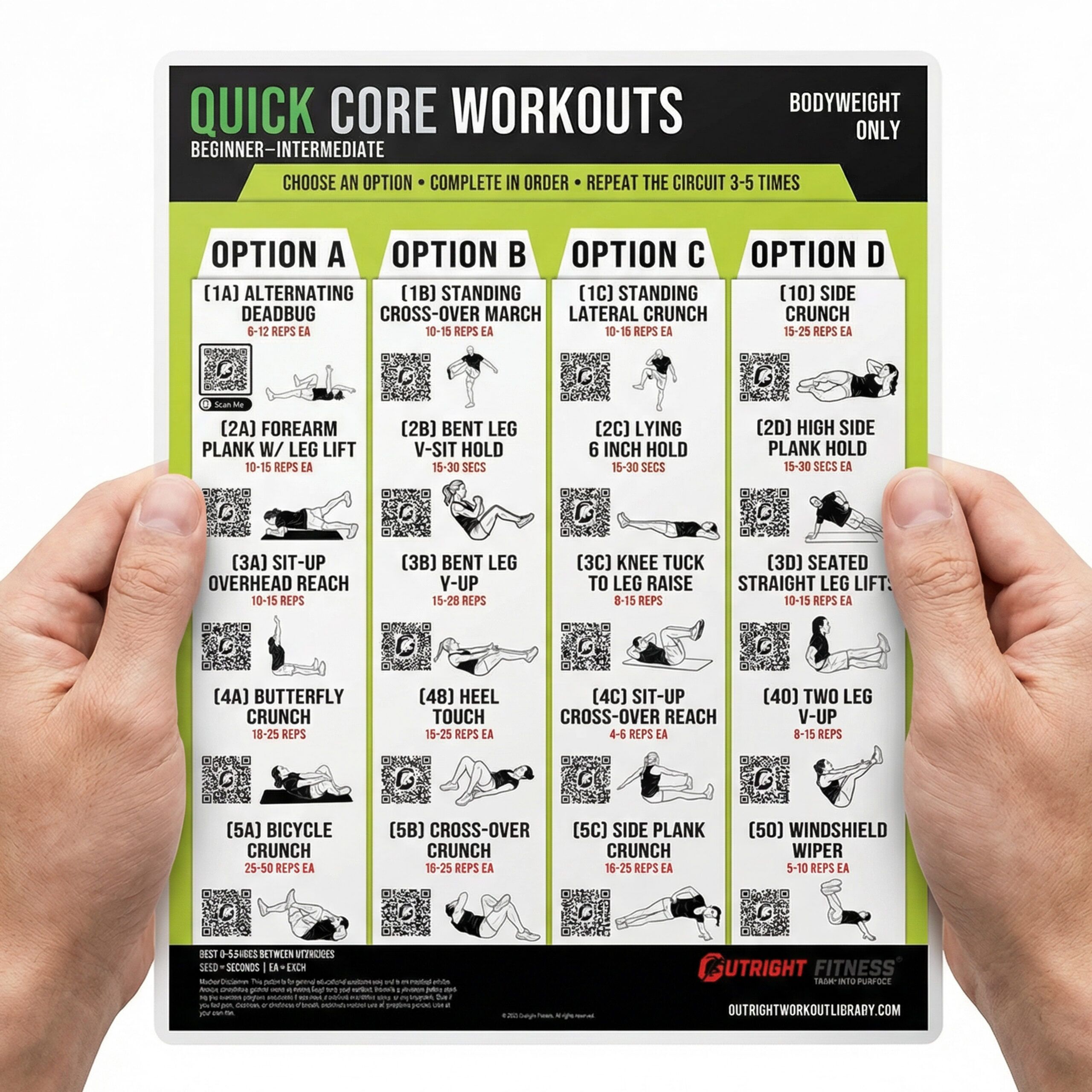 Core Compact Workout Chart – Double-Sided Laminated Ab Training Guide with Bodyweight, Small Equipment and QR Video Demos – 8.5x11