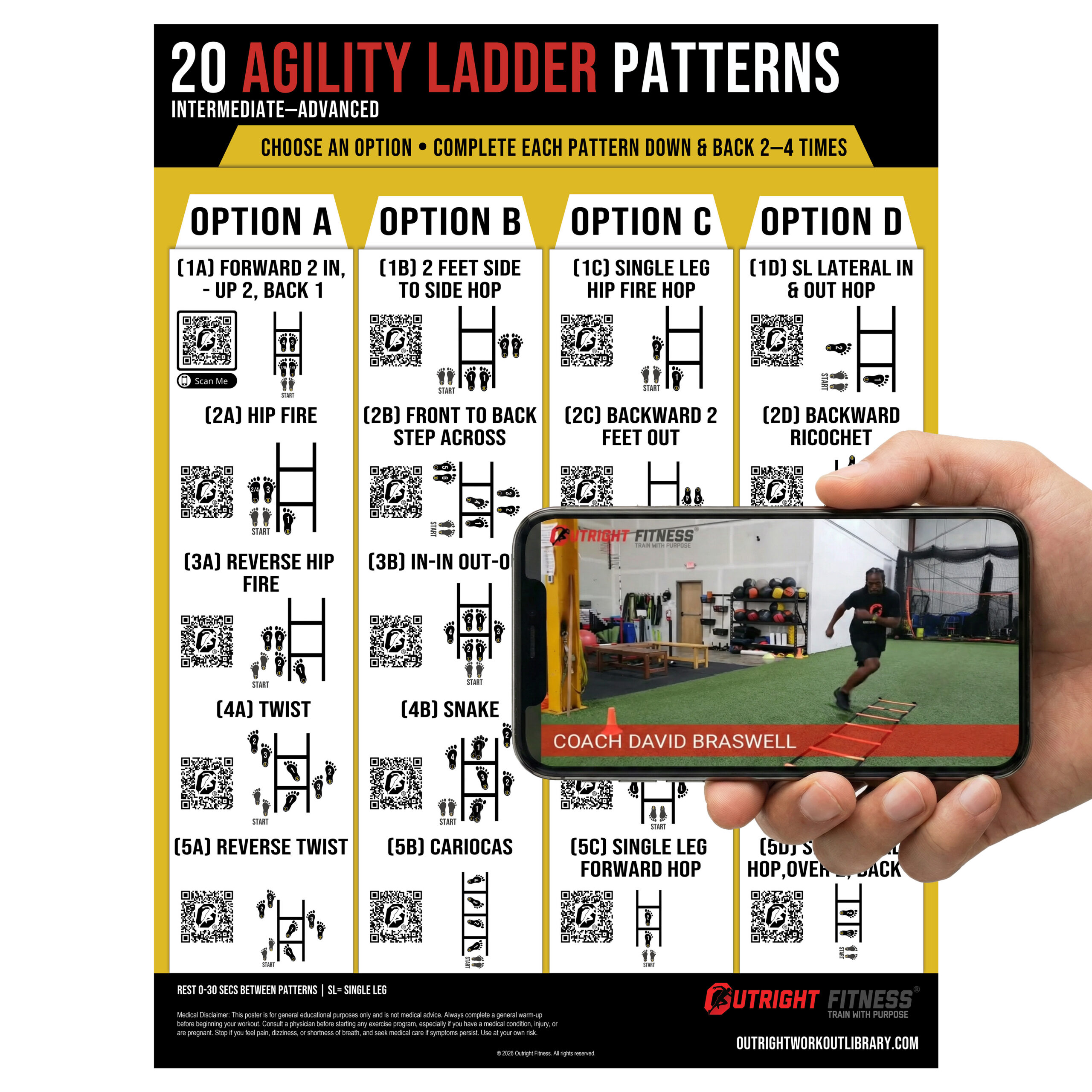 Agility Ladder Drills Poster with Guided Coaching, Progressions & Video Demos - Intermediate to Advanced Speed & Footwork Wall Chart - 18x24
