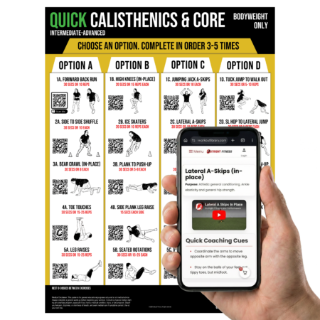 Calisthenics & Core Workout Poster – Intermediate to Advanced Bodyweight Strength Training Wall Chart with QR Video Demos – 18x24