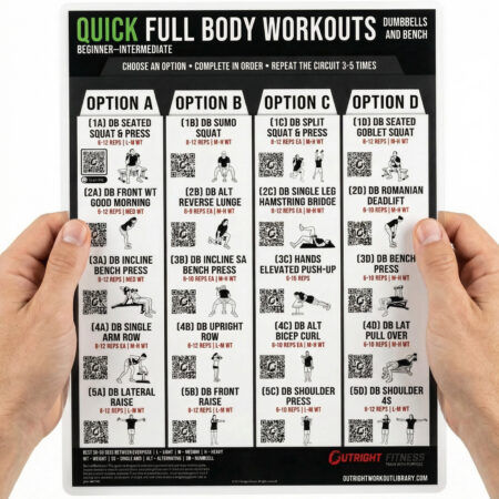 Dumbbell & Bench Compact Workout Chart – Double-Sided Laminated Full Body Strength Training Guide with QR Video Demos – 8.5x11