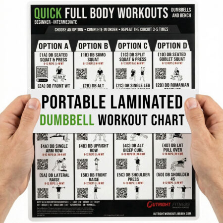 Dumbbell & Bench Compact Workout Chart with Guided Coaching & Video Demos - Portable Double-Sided Laminated Full Body Strength Training Guide - 8.5x11