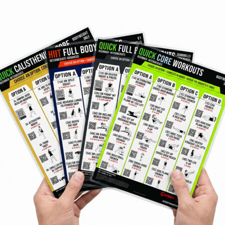 Fitness Compact Workout Chart Bundle – 4-Pack Laminated Exercise Guides with Calisthenics, HIIT, Dumbbell & Bench, Core and QR Video Demos – 8.5x11