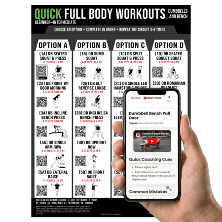 Dumbbell & Bench Workout Poster – Beginner to Intermediate Full Body Strength Training Wall Chart with QR Video Demos – 18x24