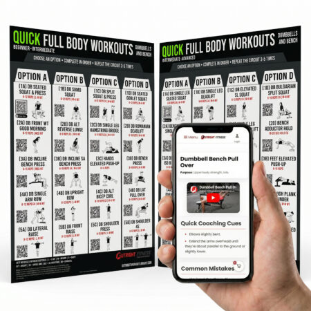 Dumbbell & Bench Workout Poster Bundle – Beginner to Advanced Full Body Strength Training Wall Charts with QR Video Demos – 18x24