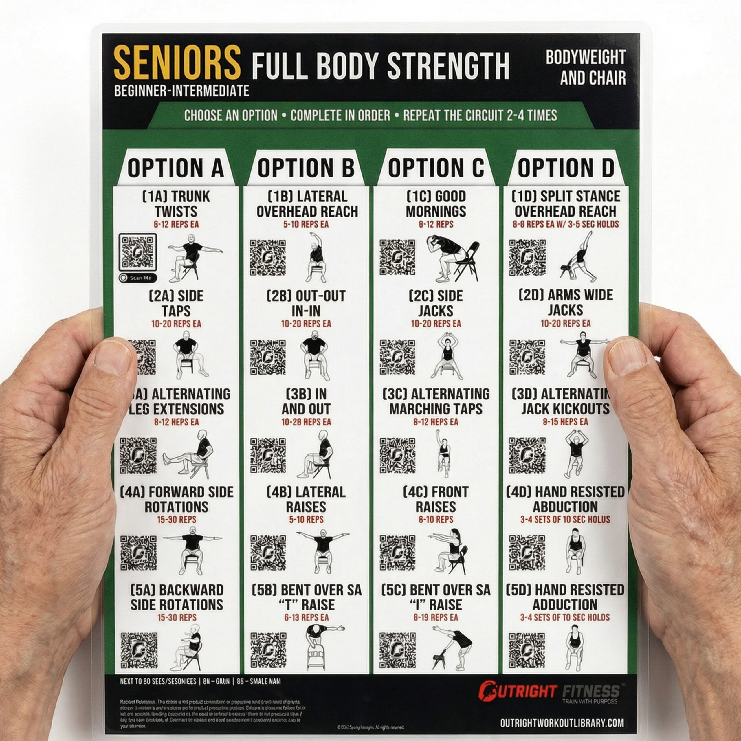 Senior Fitness Compact Workout Chart – Double-Sided Laminated Chair & Dumbbell Exercise Guide with QR Video Demos – 8.5x11