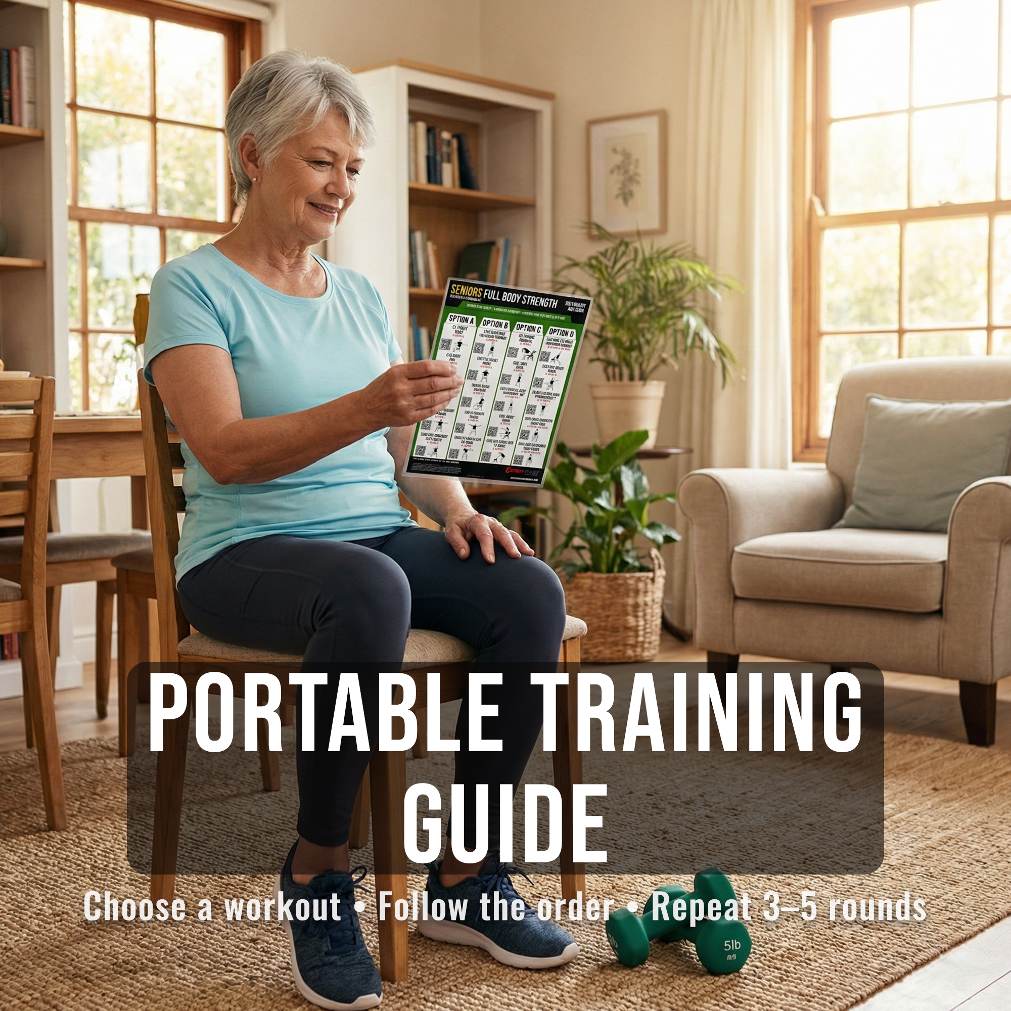 Senior Fitness Compact Workout Chart – Double-Sided Laminated Chair & Dumbbell Exercise Guide with QR Video Demos – 8.5x11 - Image 3