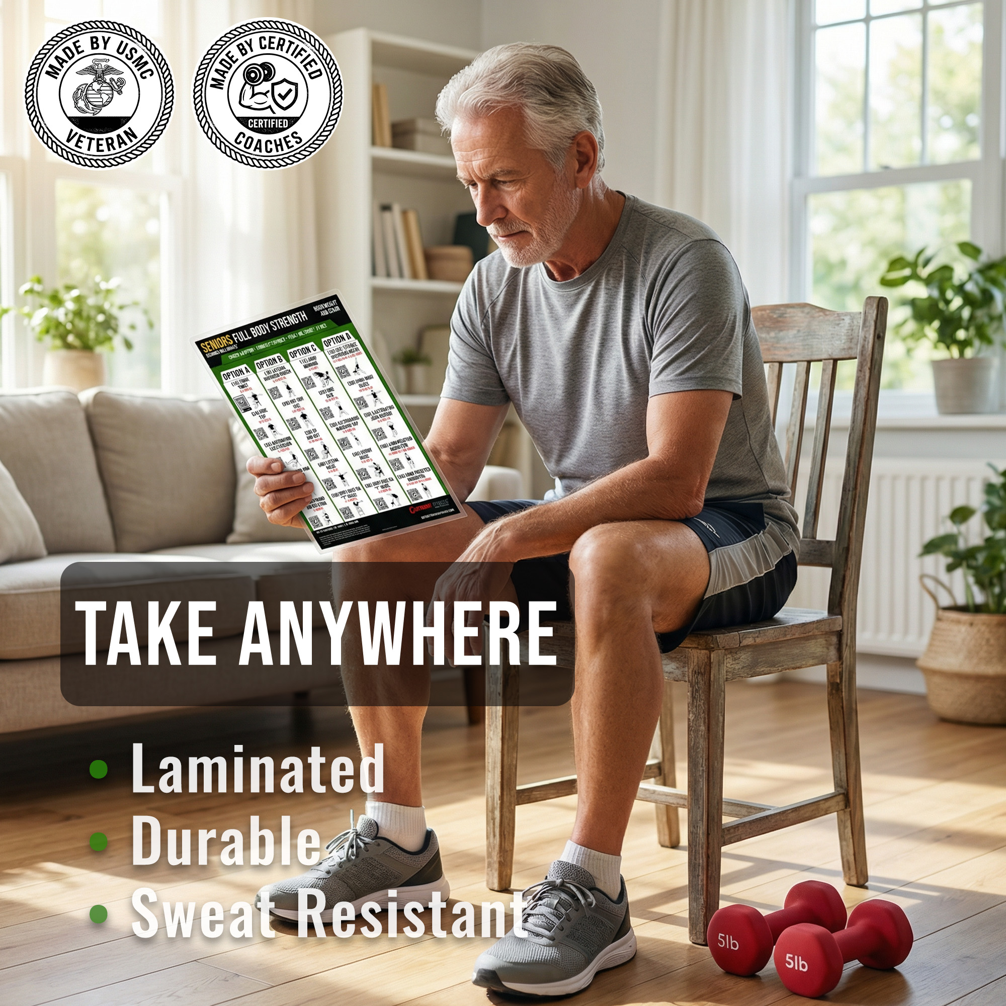 Senior Fitness Compact Workout Chart – Double-Sided Laminated Chair & Dumbbell Exercise Guide with QR Video Demos – 8.5x11 - Image 2