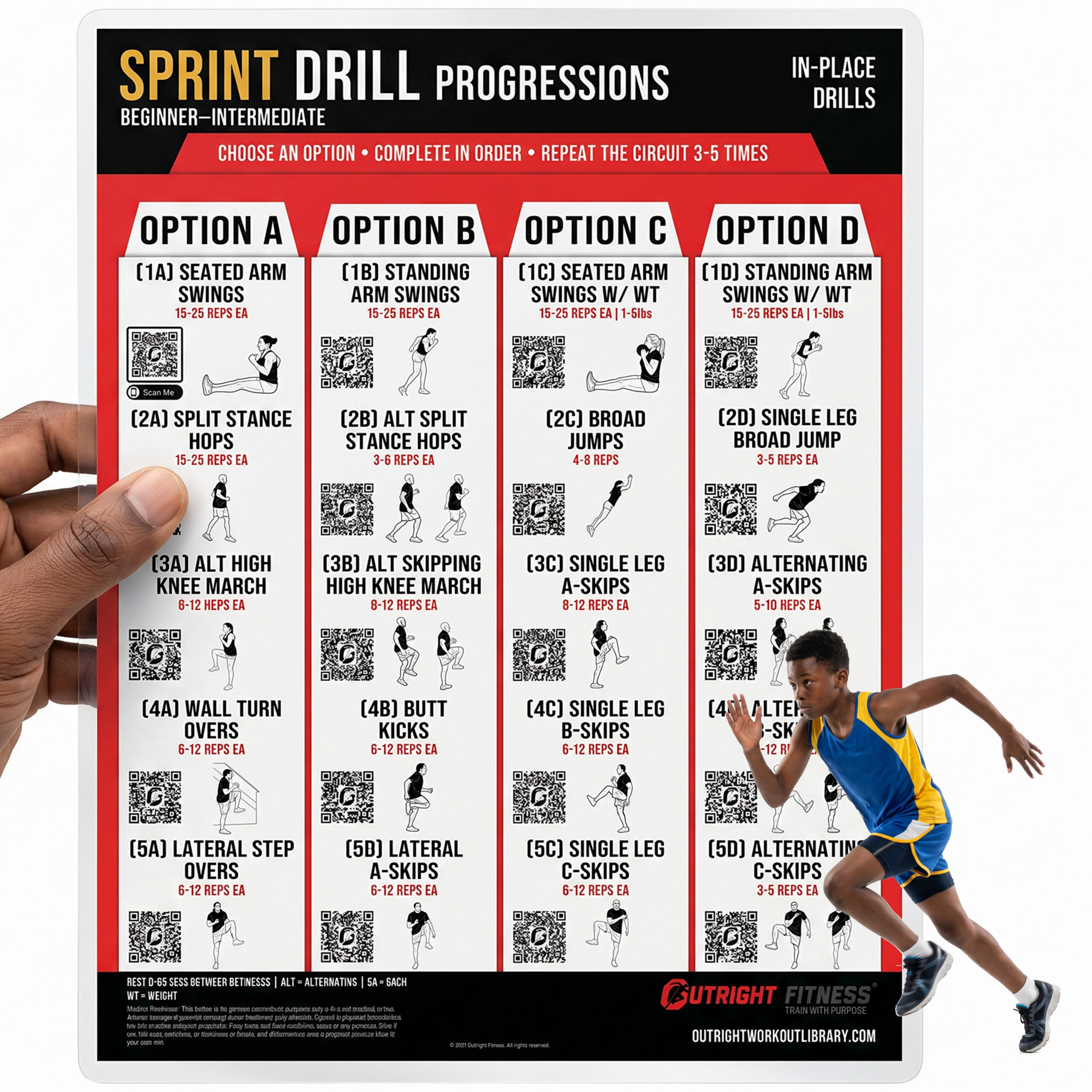 Youth Sprint Drills Compact Chart – Double-Sided Laminated Beginner Speed Training Guide with Acceleration Drills & QR Video Demos – 8.5x11